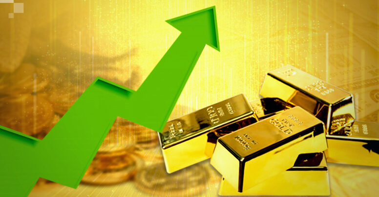 "Gold bars with upward green arrow symbolizing rising gold prices and investment growth"